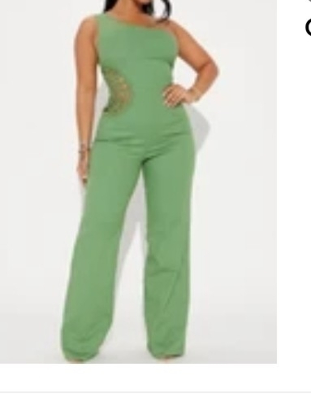Fashion Nova Green One-Shoulder Wide Leg Jumpsuit with Side Cutouts